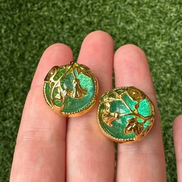 Emerald Green Round Earrings with Gold Floral Design - Picture 3 of 5